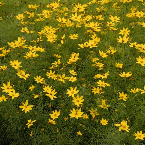Coreopsis verticillata 'Zagreb' bloom of large, golden yellow flowers with an emphasis on the interesting, finely divided foliage that lies beneath.  Photo courtesy of Walter's Garden Ltd.